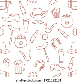 Irish Vector seamless pattern Happy St. Patrick's Day illustration Ireland Shamrock Horseshoe Smoking pipe Beer Leprechaun's shoe Sausage Pot of gold Mustache Hat Holiday Party Festive Design Print