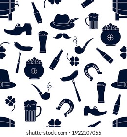 Irish Vector seamless pattern Happy St. Patrick's Day illustration Ireland Shamrock Horseshoe Smoking pipe Beer Leprechaun's shoe Sausage Pot of gold Mustache Hat Holiday Party Festive Design Print