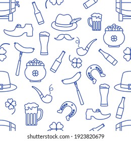 Irish Vector seamless pattern Happy St. Patrick's Day illustration Ireland Shamrock Horseshoe Smoking pipe Beer Leprechaun's shoe Sausage Pot of gold Mustache Hat Holiday Party Festive Design Print