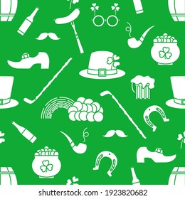 Irish Vector seamless pattern Happy St. Patrick's Day illustration Shamrock Horseshoe Smoking pipe Beer Leprechaun's shoe Sausage Pot of gold Rainbow Mustache Hat, walking stick Holiday Party Festive