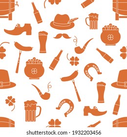 Irish Vector seamless pattern Happy St. Patrick's Day illustration Ireland Shamrock Horseshoe Smoking pipe Beer Leprechaun's shoe Sausage Pot of gold Mustache Hat Holiday Party Festive Design Print