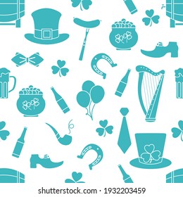 Irish Vector seamless pattern Happy St. Patrick's Day illustration Ireland Shamrock Horseshoe Smoking pipe Beer Leprechaun's shoe Sausage Pot of gold Hat Tie Balloons Harp Holiday Party Festive Design