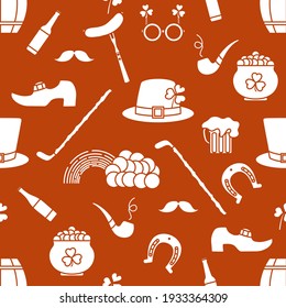 Irish Vector seamless pattern Happy St. Patrick's Day illustration Shamrock Horseshoe Smoking pipe Beer Leprechaun's shoe Sausage Pot of gold Rainbow Mustache Hat, walking stick Holiday Party Festive