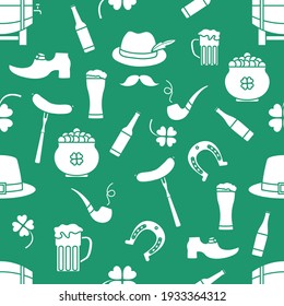 Irish Vector seamless pattern Happy St. Patrick's Day illustration Ireland Shamrock Horseshoe Smoking pipe Beer Leprechaun's shoe Sausage Pot of gold Mustache Hat Holiday Party Festive Design Print