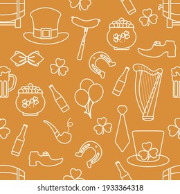 Irish Vector seamless pattern Happy St. Patrick's Day illustration Ireland Shamrock Horseshoe Smoking pipe Beer Leprechaun's shoe Sausage Pot of gold Hat Tie Balloons Harp Holiday Party Festive Design