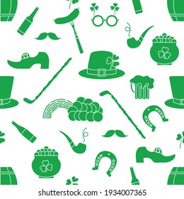 Irish Vector seamless pattern Happy St. Patrick's Day illustration Shamrock Horseshoe Smoking pipe Beer Leprechaun's shoe Sausage Pot of gold Rainbow Mustache Hat, walking stick Holiday Party Festive
