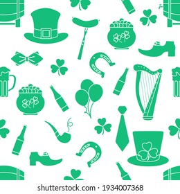 Patrón irlandés sin fisuras Happy St. Patrick's Day ilustración Ireland Shamrock Horseshoe Smoking pipe Beer Leprechaun's shoe Sausage Pot de oro Hat Tie Balloons Harp Holiday Party Diseño festivo