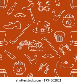 Irish Vector seamless pattern Happy St. Patrick's Day illustration Shamrock Horseshoe Smoking pipe Beer Leprechaun's shoe Sausage Pot of gold Rainbow Mustache Hat, walking stick Holiday Party Festive
