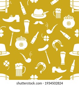 Irish Vector seamless pattern Happy St. Patrick's Day illustration Ireland Shamrock Horseshoe Smoking pipe Beer Leprechaun's shoe Sausage Pot of gold Mustache Hat Holiday Party Festive Design Print