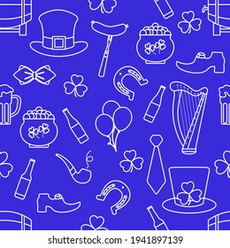 Irish Vector seamless pattern Happy St. Patrick's Day illustration Ireland Shamrock Horseshoe Smoking pipe Beer Leprechaun's shoe Sausage Pot of gold Hat Tie Balloons Harp Holiday Party Festive Design