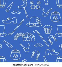 Irish Vector seamless pattern Happy St. Patrick's Day illustration Shamrock Horseshoe Smoking pipe Beer Leprechaun's shoe Sausage Pot of gold Rainbow Mustache Hat, walking stick Holiday Party Festive