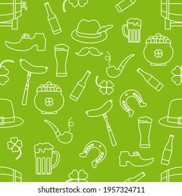 Irish Vector seamless pattern Happy St. Patrick's Day illustration Ireland Shamrock Horseshoe Smoking pipe Beer Leprechaun's shoe Sausage Pot of gold Mustache Hat Holiday Party Festive Design Print