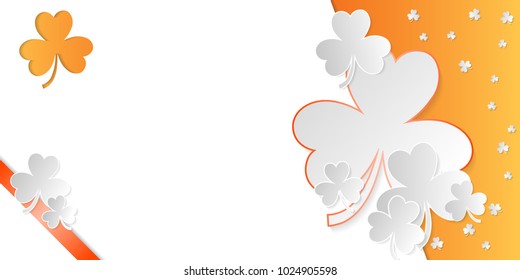 Irish web banner with white and orange clover and copy space in paper art style. Vector illustration.