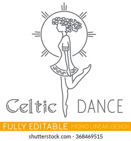 Irish woman or girl dancing Celtic dance. Modern thin line logo template. Fully editable curves. Mono linear pictogram of outline symbol. Stroke vector icon concept.