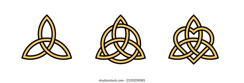 Triquetra amarillo irlandés.  Nudo dorado interminable. Símbolo religioso pagano. Trébol geométrico simétrico. 