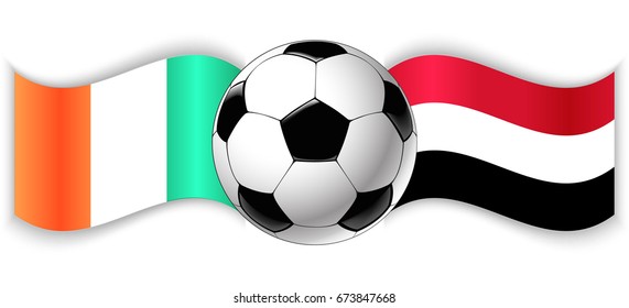Irish and Yemeni wavy flags with football ball. Ireland combined with Yemen isolated on white. Football match or international sport competition concept.