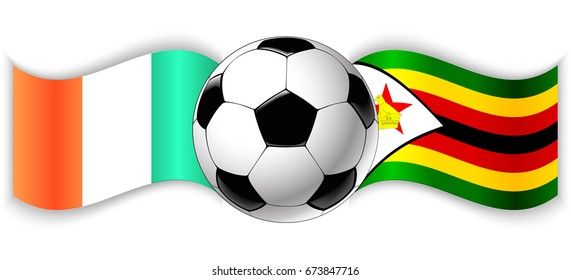 Irish and Zimbabwean wavy flags with football ball. Ireland combined with Zimbabwe isolated on white. Football match or international sport competition concept.