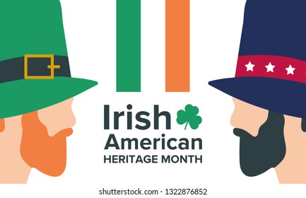 Irish-American Heritage Month. Annual celebrated all March in the United States to honor achievements and contributions of Irish immigrants to the history of America. Vector poster