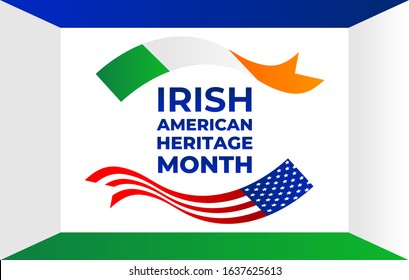 Irish-American Heritage Month.  Vector illustration, colors of the Irish and American flags. Abstract trend design for banner, poster, card and social media. Composition with an emblem on a wall.