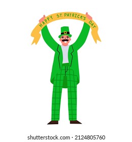 An Irishman in a carnival green costume holds up a banner of congratulations. St. Patrick's Day Celebration