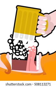 Irishman drinking beer. Illustration for St. Patricks Day. Leprechaun reddish beard and mug of ale. Open mouth and tongue. National Holiday in Ireland
