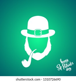 Irishman with ginger beard wearing hat. Happy St. Patrick's Day. Man silhouette with smoking pipe. Vector illustration.
