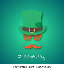 Irishman with ginger mustache wearing hat and glasses. Happy St. Patrick's Day banner in paper cut style. Vector illustration.