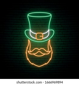 Irishman neon sign. Irishman with a ginger beard in a hat. Man portrait vector illustration in neon style. St. Patrick’s day design.