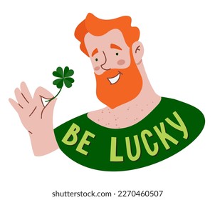 Irishman with shamrock in his hand. Emblem of St Patrick's day. Hand drawn vector illustration