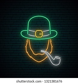 Irishman with smoking pipe neon sign. Happy St. Patrick's Day light banner. Vector illustration.