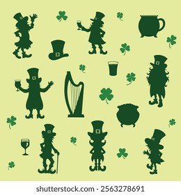 Irish-themed design with leprechauns, clovers, hats, and pots for St. Patrick's Day