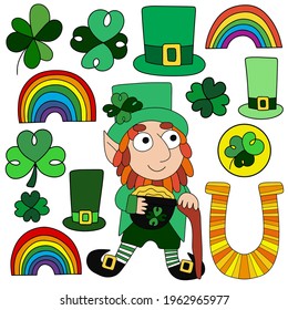 Irish-themed set with a leprechaun, clovers, rainbows, top hats, and horseshoe vector illustration. Cartoon leprechaun holds a pot of gold, shillelagh white isolated. Perfect for stickers, cards, etc 