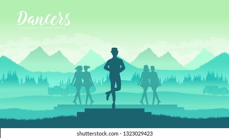 irland dance with traditional clothes on nature concept. Vector Riverdance on background mountain design