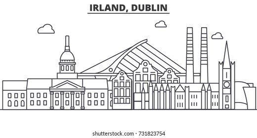 Irland, Dublin architecture line skyline illustration. Linear vector cityscape with famous landmarks, city sights, design icons. Landscape wtih editable strokes