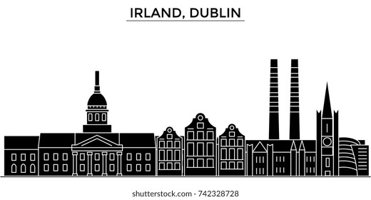 Irland, Dublin architecture vector city skyline, travel cityscape with landmarks, buildings, isolated sights on background