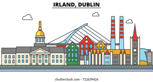 Irland, Dublin. City skyline: architecture, buildings, streets, silhouette, landscape, panorama, landmarks. Editable strokes. Flat design line vector illustration concept. Isolated icons set