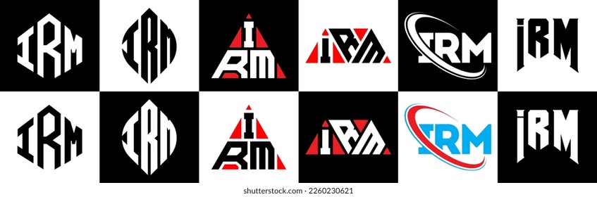 IRM letter logo design in six style. IRM polygon, circle, triangle, hexagon, flat and simple style with black and white color variation letter logo set in one artboard. IRM minimalist and classic logo