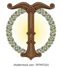 Irminsul, Yggdrasil. Sacred tree or the tree trunk Saxons, dedicated to the God Irmin, the main object of veneration to the Northern Germanic, isolated on white, vector illustration, eps-10