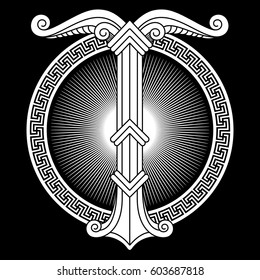 Irminsul, Yggdrasil. Sacred tree or the tree trunk Saxons, dedicated to the God Irmin, the main object of veneration to the Northern Germanic, isolated on black, vector illustration