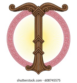 Irminsul, Yggdrasil. Sacred tree or the tree trunk Saxons, dedicated to the God Irmin, the main object of veneration to the Northern Germanic, isolated on white, vector illustration, eps-10