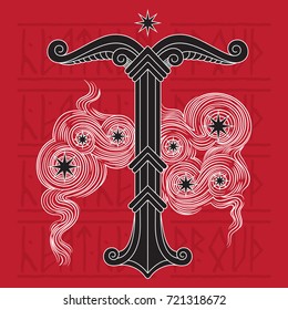 Irminsul, Yggdrasil. Sacred tree or the tree trunk Saxons, dedicated to the God Irmin, the main object of veneration to the Northern Germanic, isolated on red, vector illustration
