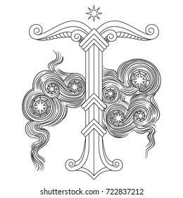 Irminsul, Yggdrasil. Sacred tree or the tree trunk Saxons, dedicated to the God Irmin, the main object of veneration to the Northern Germanic, isolated on white, vector illustration