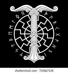 Irminsul, Yggdrasil. Sacred tree or the tree trunk Saxons, dedicated to the God Irmin, the main object of veneration to the Northern Germanic, isolated on black, vector illustration