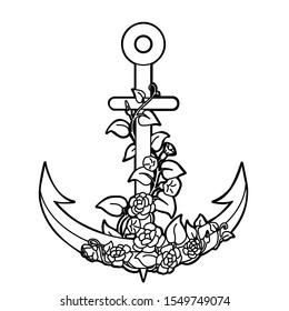 Iron anchor and flowers. Romantic vector illustration. Crimson sails coloring page