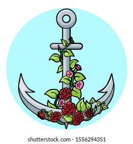Iron anchor and flowers. Romantic vector illustration