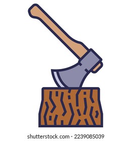 an iron ax stuck in a stump. lumberjack cuts wood. flat vector illustration.