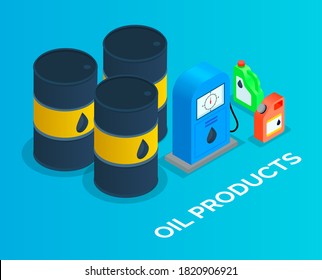 Iron barrels of oil, canisters for the combustible products storage. Isometric image of iron oil barrels, blue gas station, multi-colored canisters. Service petroleum station, combustible materials