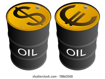 Iron barrels of oil products and images on them currency symbols.