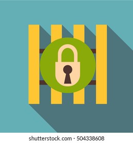 Iron bars door with padlock icon. Flat illustration of iron bars door with padlock vector icon for web isolated on baby blue background