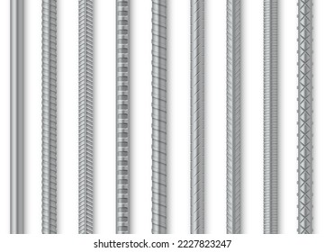 Iron bars vertical metal rod different ornament set realistic vector illustration. Steel reinforced rebar construction armature stainless for building cage rack grate. Engineering manufacture material